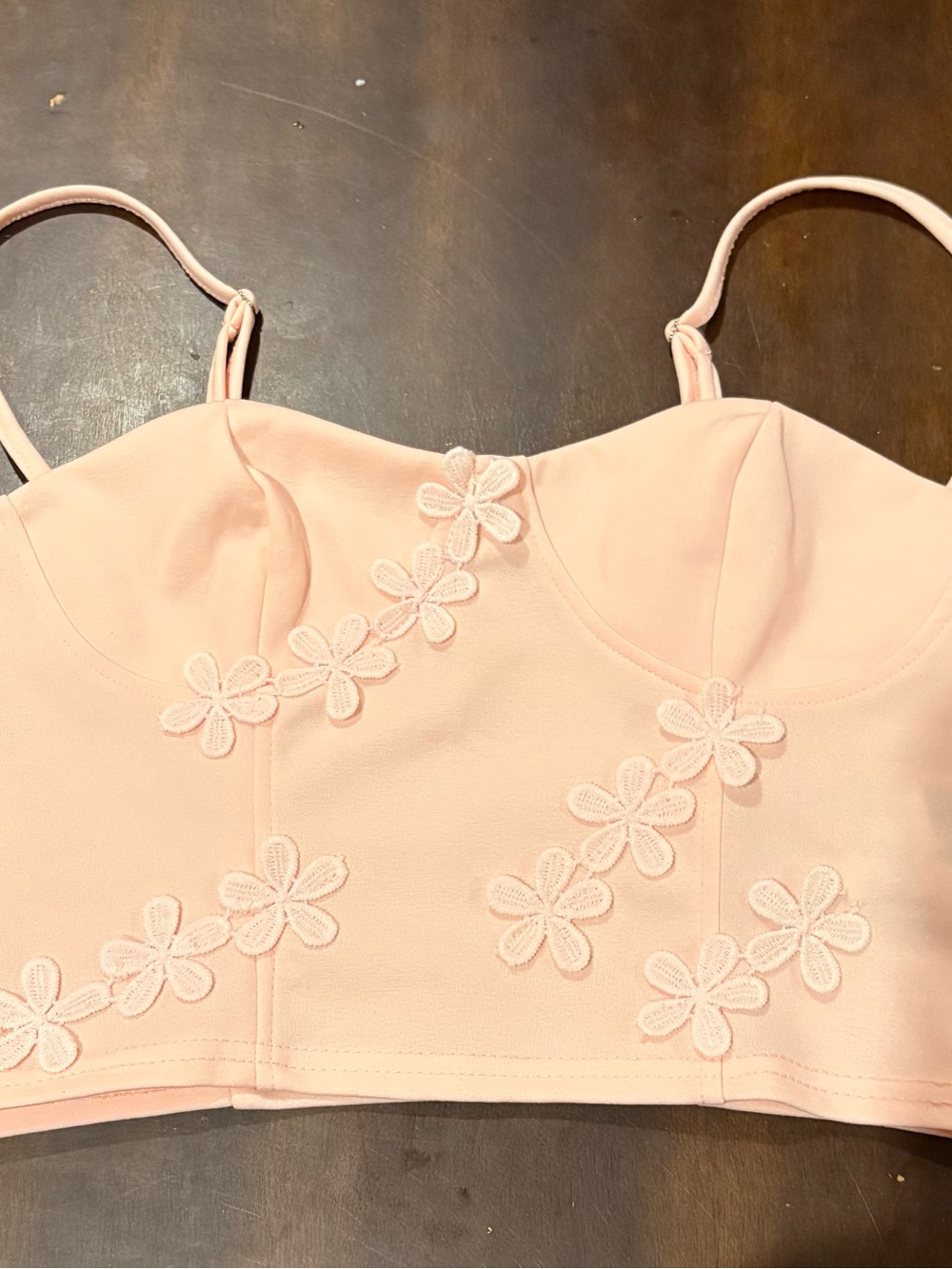 SHEIN Light Peach Floral Appliqué Crop Top with Spaghetti Straps